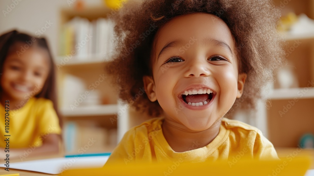 A cheerful young child with curly hair beams a wide smile while seated in a colorful classroom environment, perfectly capturing the essence of joy and curiosity. A cheerful young child with curly hair beams a wide smile while seated in a colorful classroom environment, perfectly capturing the essence of joy and curiosity.