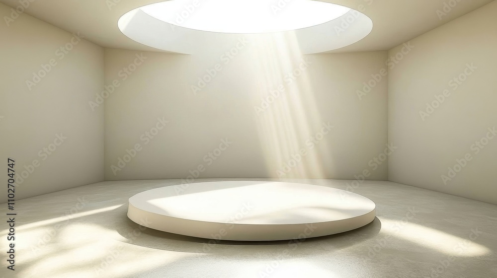 Minimalist Room Displaying Circular Platform Illuminated By Sunlight Minimalist Room Displaying Circular Platform Illuminated By Sunlight