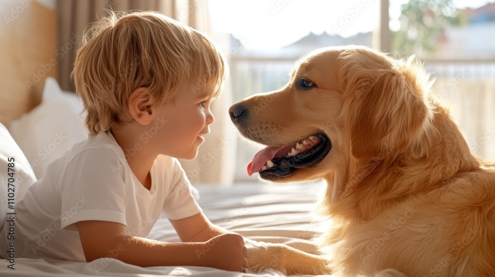 In a sunlit bedroom, a little boy and his dog share a joyful moment on the bed, embodying the cheerful and heartwarming connection between a child and his pet. In a sunlit bedroom, a little boy and his dog share a joyful moment on the bed, embodying the cheerful and heartwarming connection between a child and his pet.
