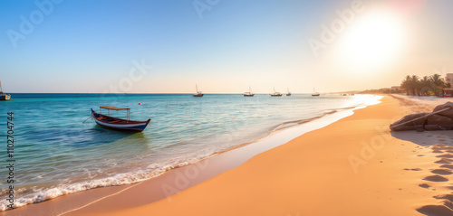 A serene and idyllic coastal scene of Porto Amboim, featuring a tranquil beach with soft, golden sand gently sloping into the crystal-clear, azure waters of the ocean. photo