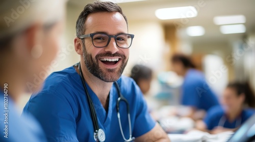 A male doctor in blue scrubs with a stethoscope, smiling at a colleague in a hospital setting, embodying professionalism and friendliness in healthcare.