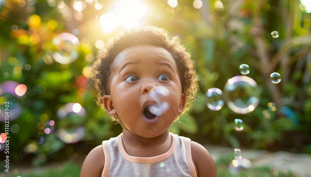 Child playing with bubbles, garden outdoor, joyful moment Child playing with bubbles, garden outdoor, joyful moment