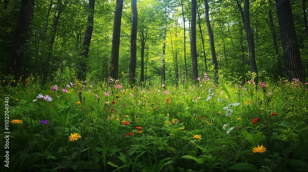 A vibrant spring forest with fresh green leaves and blooming wildflowers. The lush foliage and colorful flowers create a lively and rejuvenating natural environment. A vibrant spring forest with fresh green leaves and blooming wildflowers. The lush foliage and colorful flowers create a lively and rejuvenating natural environment.