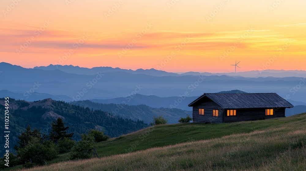 Sustainable mountain retreat with wind energy serene landscape nature photography eco-friendly environment sunset viewpoint Sustainable mountain retreat with wind energy serene landscape nature photography eco-friendly environment sunset viewpoint