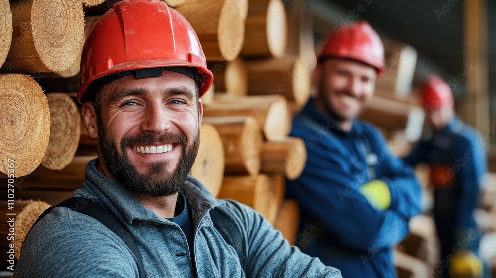 A cheerful worker in a red helmet smiles confidently in a timber yard, surrounded by stacks of neatly arranged wooden logs and fellow workers in the background. A cheerful worker in a red helmet smiles confidently in a timber yard, surrounded by stacks of neatly arranged wooden logs and fellow workers in the background.