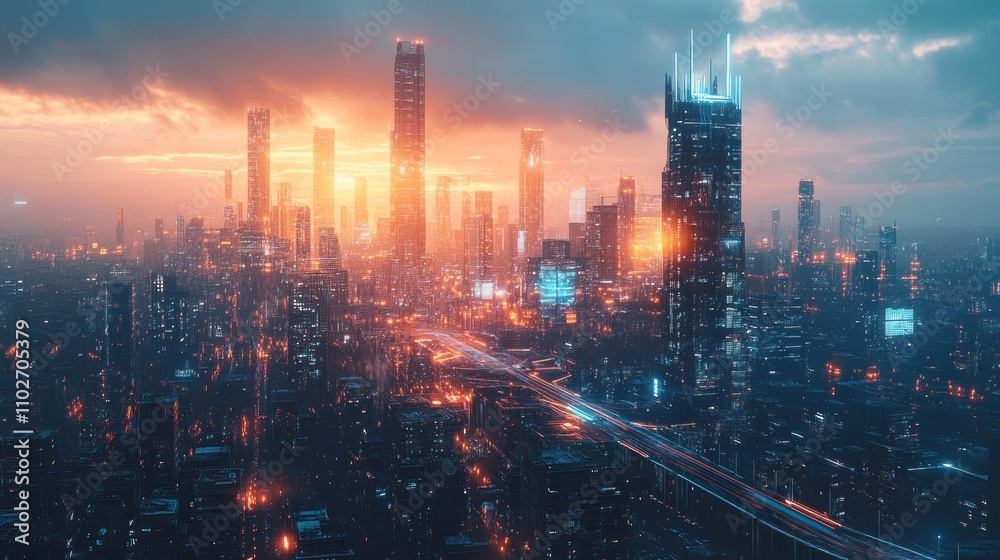 Fototapeta premium Futuristic city skyline at sunset, showcasing vibrant architecture and glowing lights.