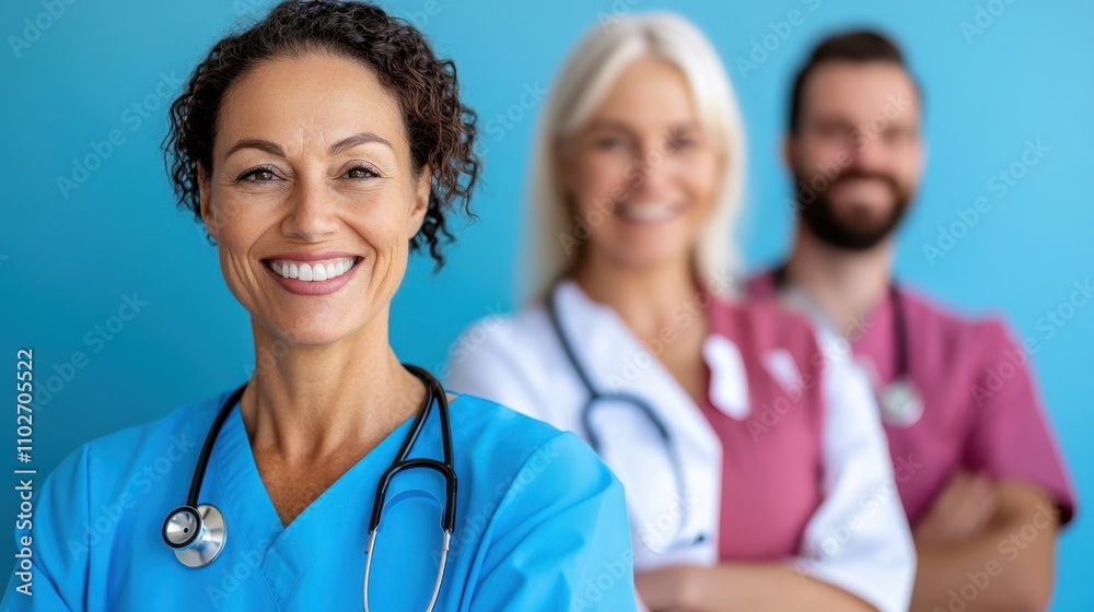 A diverse group of confident medical professionals, consisting of doctors and nurses, stand smiling together against a bright blue backdrop, exuding teamwork and trust.