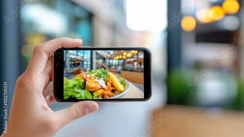 A close-up view of a hand taking a photograph of a delicious meal using a smartphone, set against a blurry, lively background inside a restaurant setting.