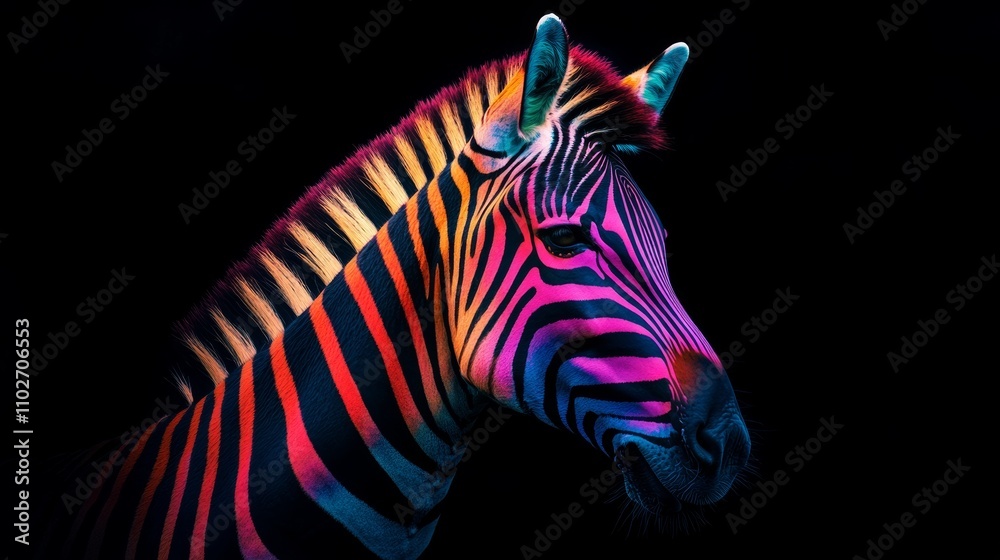 Fototapeta premium Colorful zebra against a black background with a striking red spot on its head