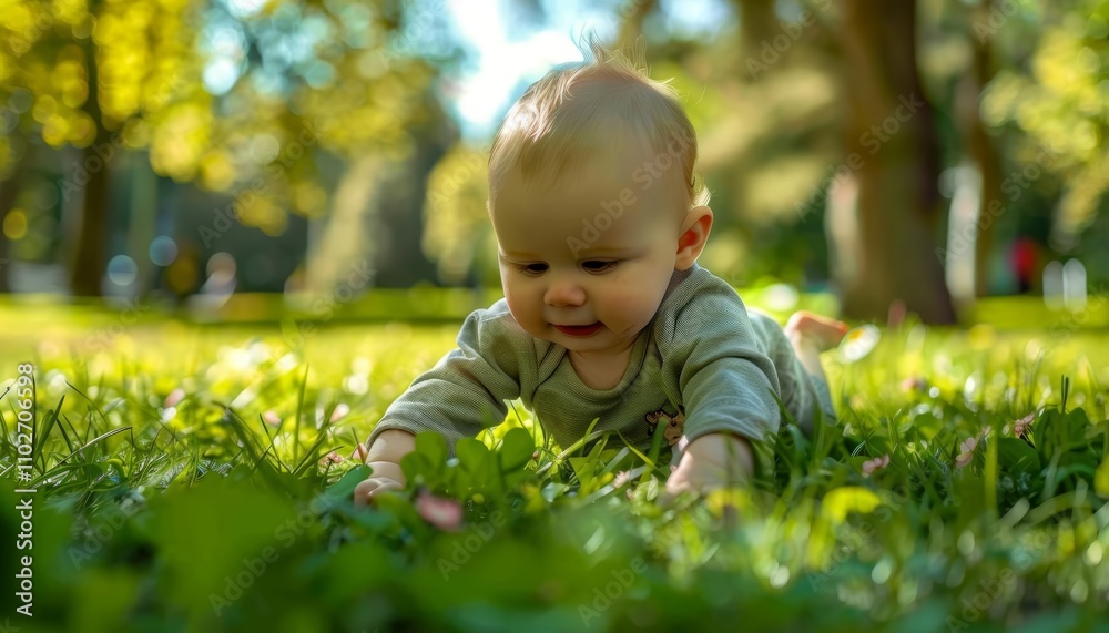 Baby exploring nature in park, outdoor play, bright environment Baby exploring nature in park, outdoor play, bright environment