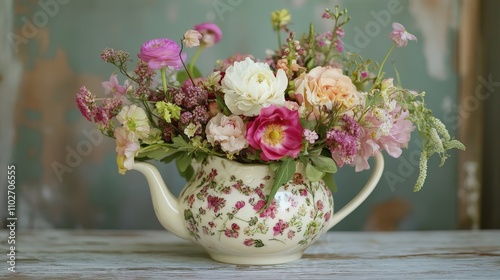 A whimsical arrangement of flowers in a vintage teapot. The combination of flowers and teapot creates a charming and playful display, perfect for adding a touch of floral beauty to any space.