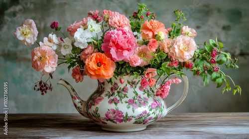 A whimsical arrangement of flowers in a vintage teapot. The combination of flowers and teapot creates a charming and playful display, perfect for adding a touch of floral beauty to any space.