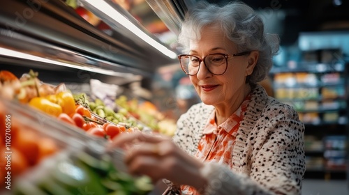 An older woman wearing glasses and a patterned sweater browses a colorful array of vegetables in a grocery aisle, delighting in the richness of available produce. photo