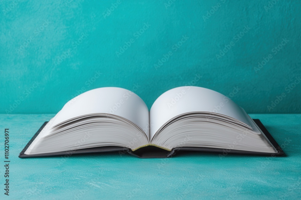 Organization structure and mission, An open blank book on a vibrant teal background, inviting creativity and exploration. Organization structure and mission, An open blank book on a vibrant teal background, inviting creativity and exploration.