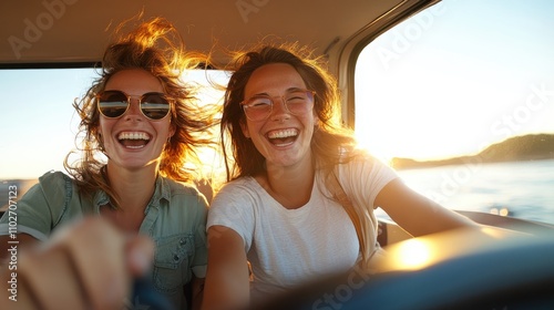 Two friends are captured laughing with wind-swept hair in a car during sunset, showcasing spontaneity, joy, and the beautiful glow of golden hour light. photo