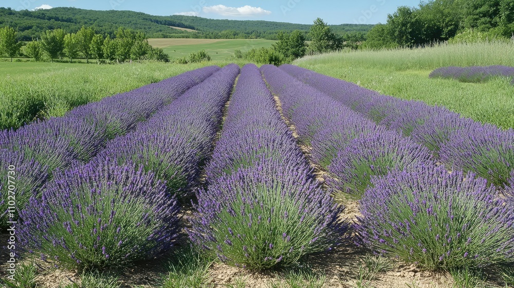 Obraz premium A field of lavender in bloom, with rows of purple stretching into the distance