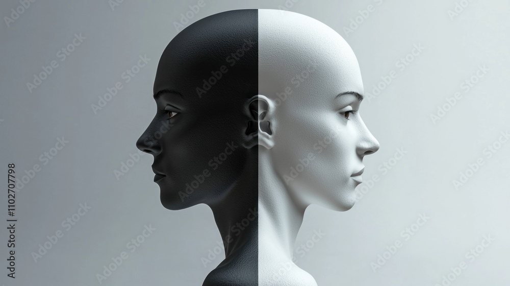 Change mind represented by two faces, one turning away from the other, showing a shift in thinking Change mind represented by two faces, one turning away from the other, showing a shift in thinking