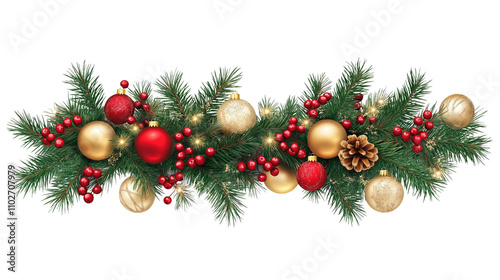 Festive Christmas and New Year Arrangement with Pine Branches, Red Berries, and Golden Baubles for Seasonal Decorations and Holiday Celebrations.