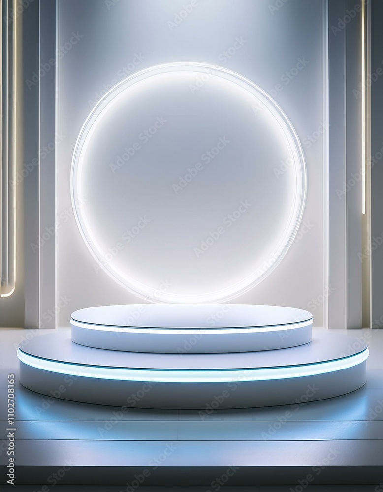 Futuristic minimalist platform with soft blue lighting. Futuristic minimalist platform with soft blue lighting.