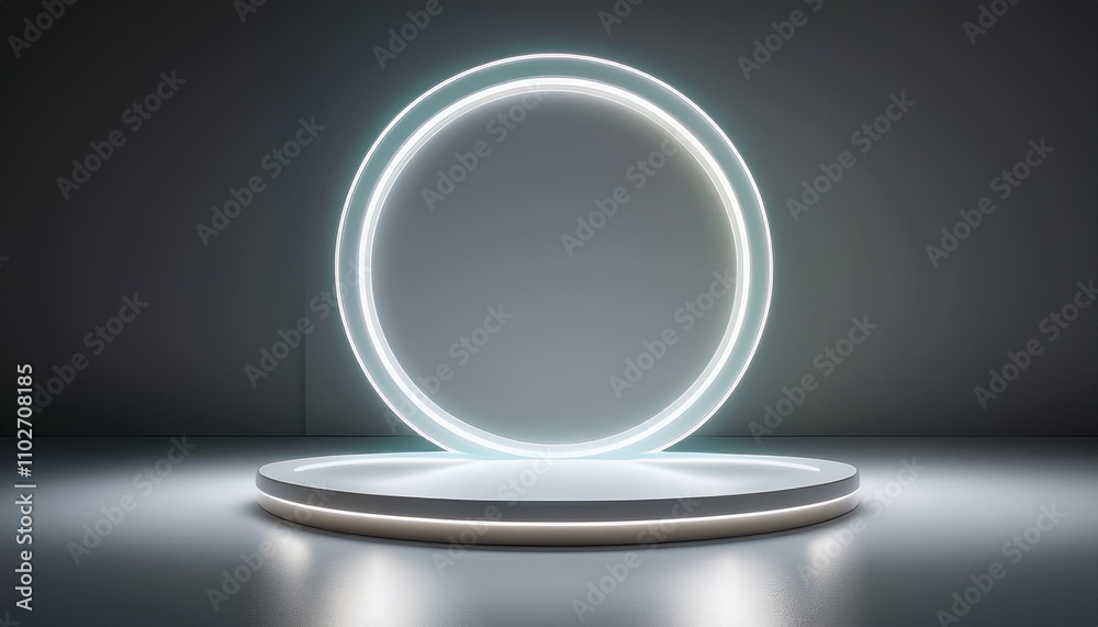 Futuristic white platform with glowing circle. Minimalist, modern design. Futuristic white platform with glowing circle. Minimalist, modern design.
