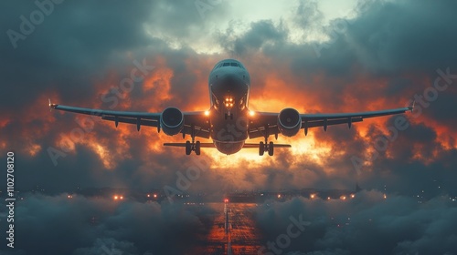 Airplane Landing with Dramatic Sky