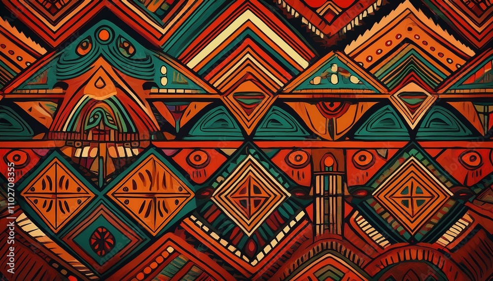 Vibrant geometric textile design. Rich oranges, teals, and browns create an intricate pattern. Vibrant geometric textile design. Rich oranges, teals, and browns create an intricate pattern.