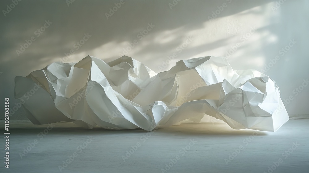 An artistic arrangement of crumpled paper forming a dynamic abstract sculpture An artistic arrangement of crumpled paper forming a dynamic abstract sculpture