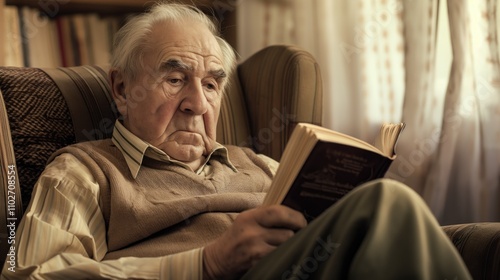 Contemplative Senior Man Reading Book in Cozy Armchair, Embodying Brain Aging Concept