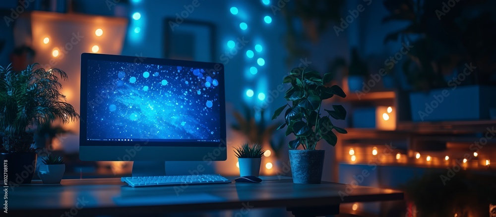Stylish Neon-Lit Modern Home Office Workspace, Low-light Dim Room Scene, RGB-Lit Computer Setup: Streaming, Zoom Virtual Meetings, YouTube Digital Channel Background, Modern Studio Backdrop, Panoramic