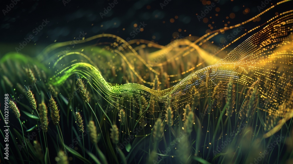 A vibrant flow of green and yellow digital lines moves over a field of wheat, symbolizing the integration of technology with agriculture for future growth. AI generated.