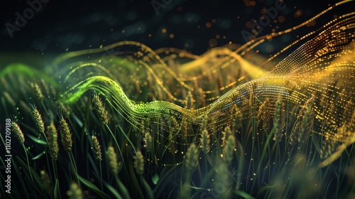 Obraz na płótnie A vibrant flow of green and yellow digital lines moves over a field of wheat, symbolizing the integration of technology with agriculture for future growth. AI generated. w salonie