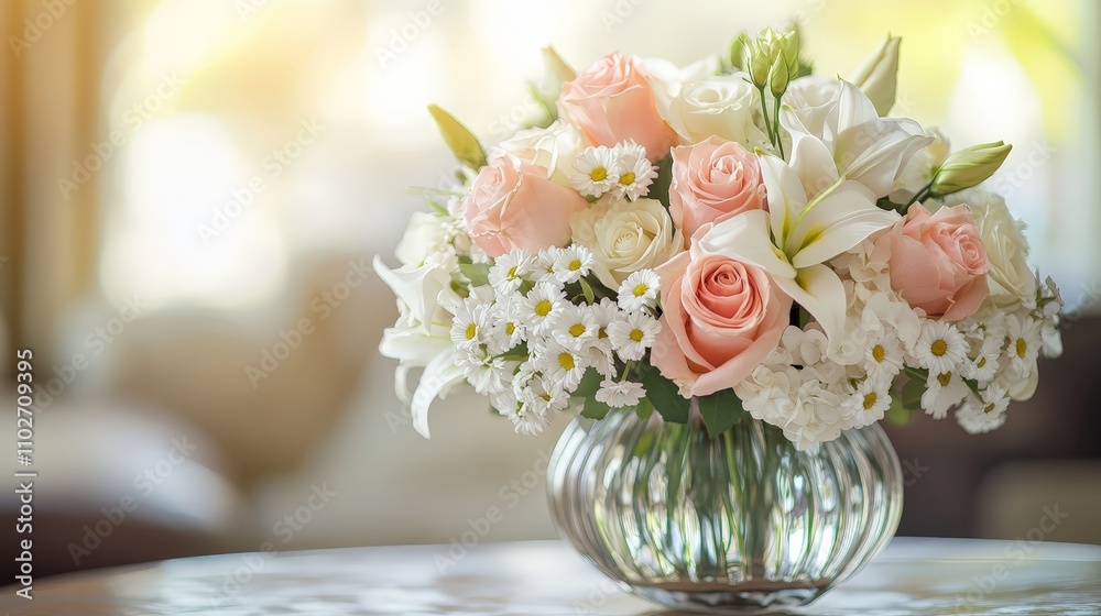 An elegant bouquet of fresh flowers in a classic glass vase, arranged in a perfect mix of roses, lilies, and daisies. An elegant bouquet of fresh flowers in a classic glass vase, arranged in a perfect mix of roses, lilies, and daisies.