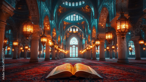 Open Quran in grand mosque interior, illuminated by warm light, showcasing intricate architecture and stained glass. photo