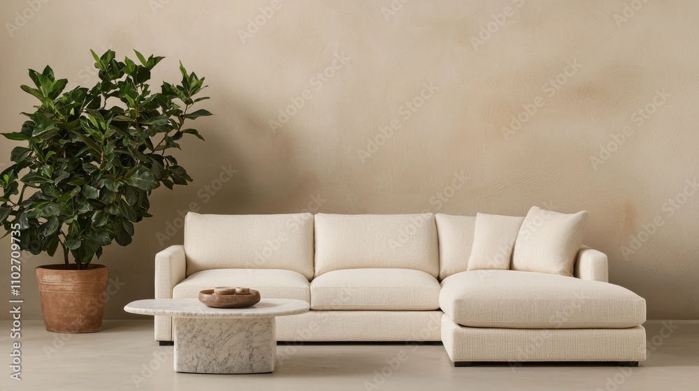 Stylish corner area featuring a low-profile sofa minimalist living room interior design modern aesthetic warm neutral tones Stylish corner area featuring a low-profile sofa minimalist living room interior design modern aesthetic warm neutral tones