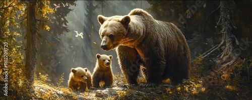 A mother bear and her cubs in a forest, exploring their natural habitat photo