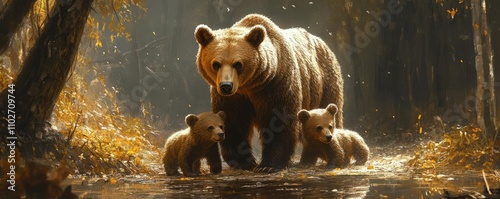 A mother bear and her cubs in a forest, exploring their natural habitat photo