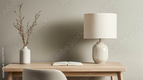 Elegant desk lamp displaying ceramic ornament minimalist home office decorative lighting cozy environment contemporary viewpoint