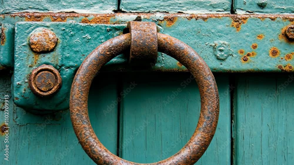 Door knocker on a teal rustic door displaying weathered textures and iron details Door knocker on a teal rustic door displaying weathered textures and iron details