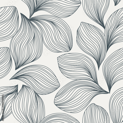 Abstract seamless pattern featuring delicate, blue flowers. The flowers are drawn with thin, flowing lines, creating a soft and romantic aesthetic on a light brown background