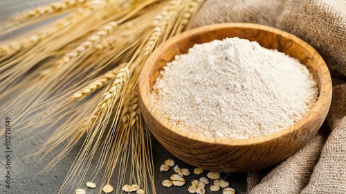 Wooden bowl filled with flour placed beside wheat ears on a textured surface.