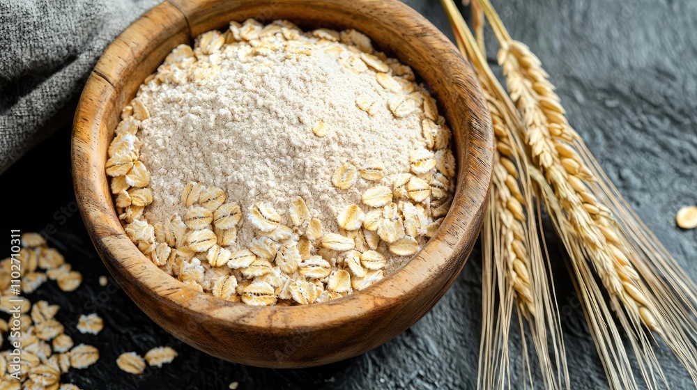 Oats and flour in a wooden bowl on a textured surface with wheat stalks. Oats and flour in a wooden bowl on a textured surface with wheat stalks.