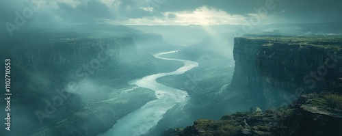 A river winding through a deep valley, with steep cliffs on both sides photo