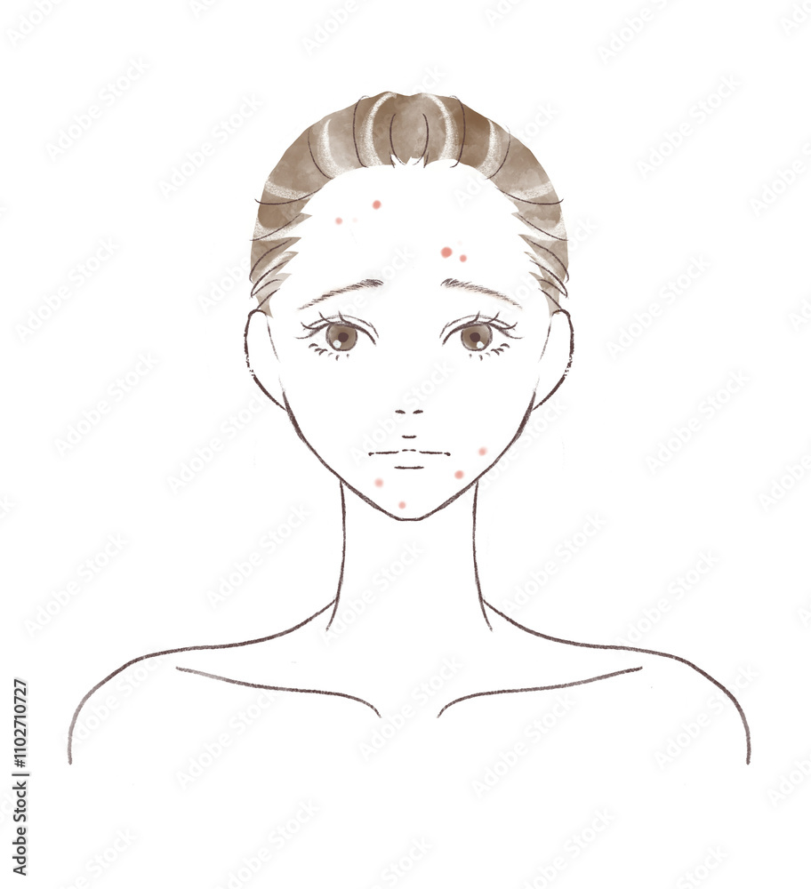 ニキビに悩み悲しんでいる水彩風女性 ニキビに悩み悲しんでいる水彩風女性