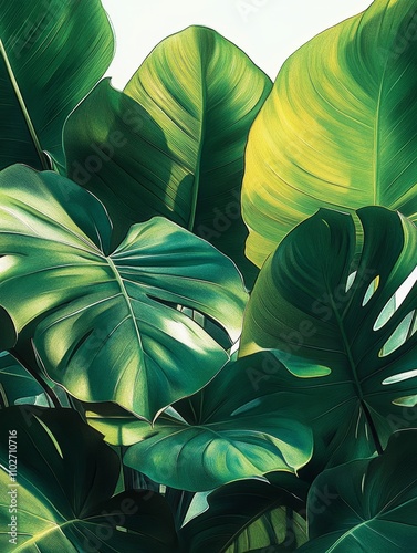 Wallpaper Mural Vibrant Green Monstera Leaves with Sunlight Shadows and Glossy Texture in Tropical Nature Torontodigital.ca