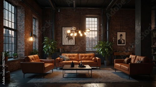 Industrial loft living room with exposed brick walls