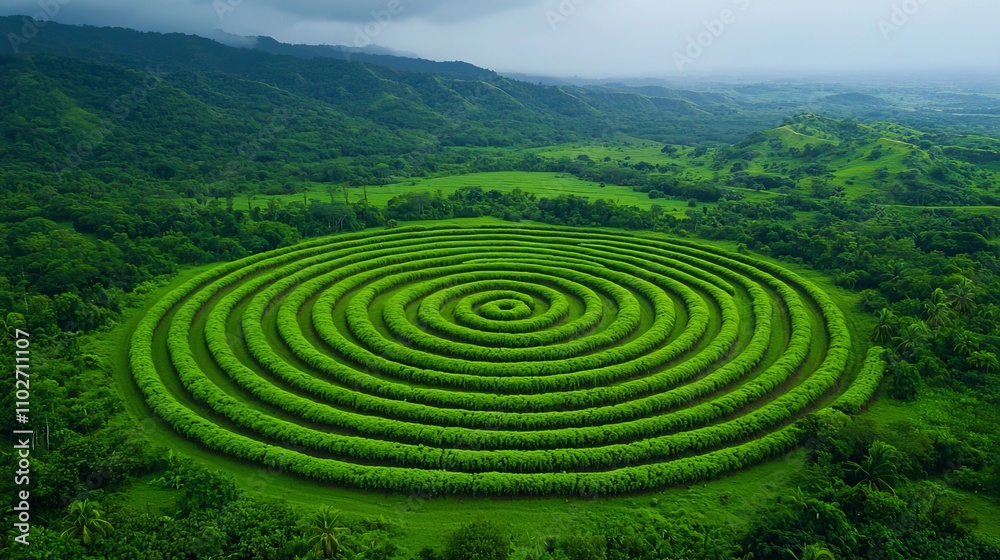 Tree planting initiative creating circular patterns in a lush green landscape aerial view nature environmental awareness Tree planting initiative creating circular patterns in a lush green landscape aerial view nature environmental awareness