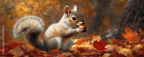 A squirrel nibbling on a nut, surrounded by fallen leaves