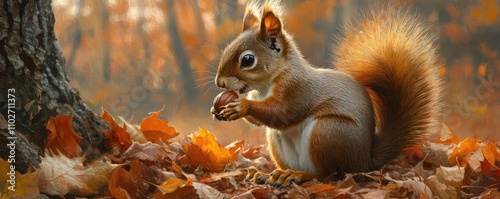 A squirrel nibbling on a nut, surrounded by fallen leaves