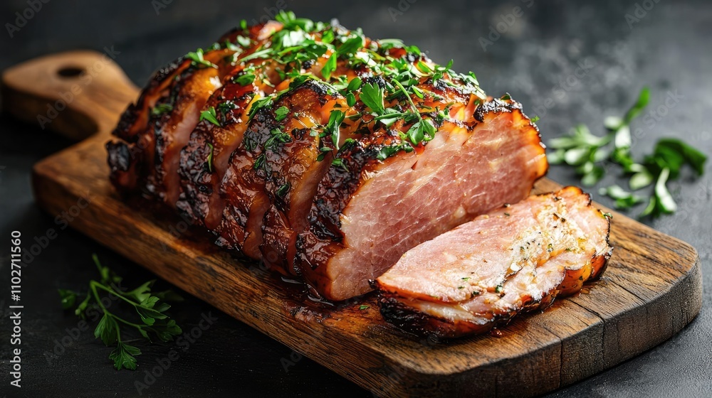 Delicious roasted meat on a wooden cutting board with herbs.