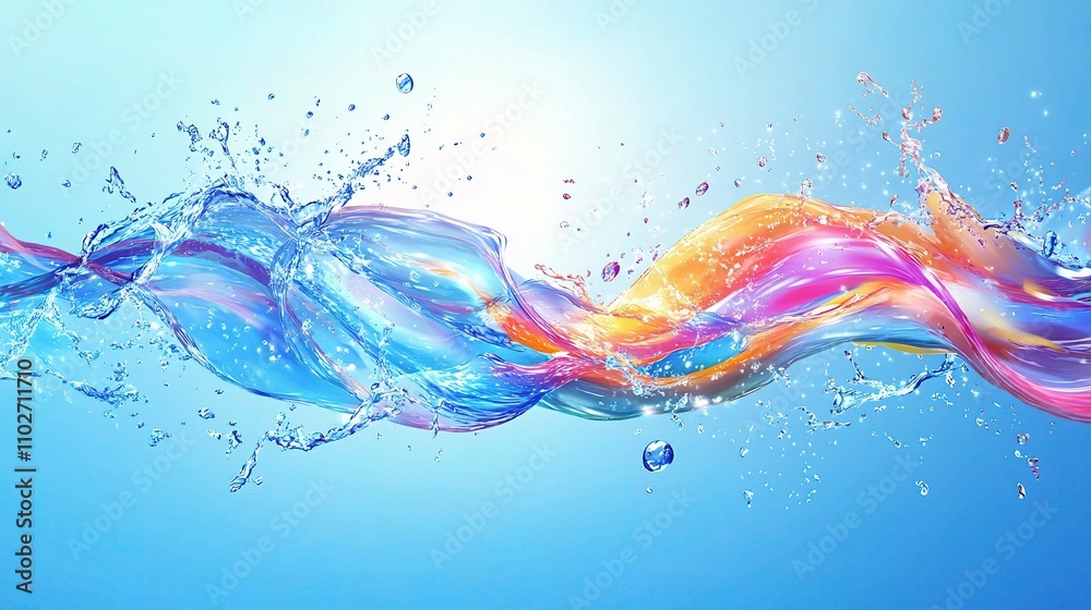 Vibrant Water Splash with Colorful Swirls and Bubbles in Background Vibrant Water Splash with Colorful Swirls and Bubbles in Background